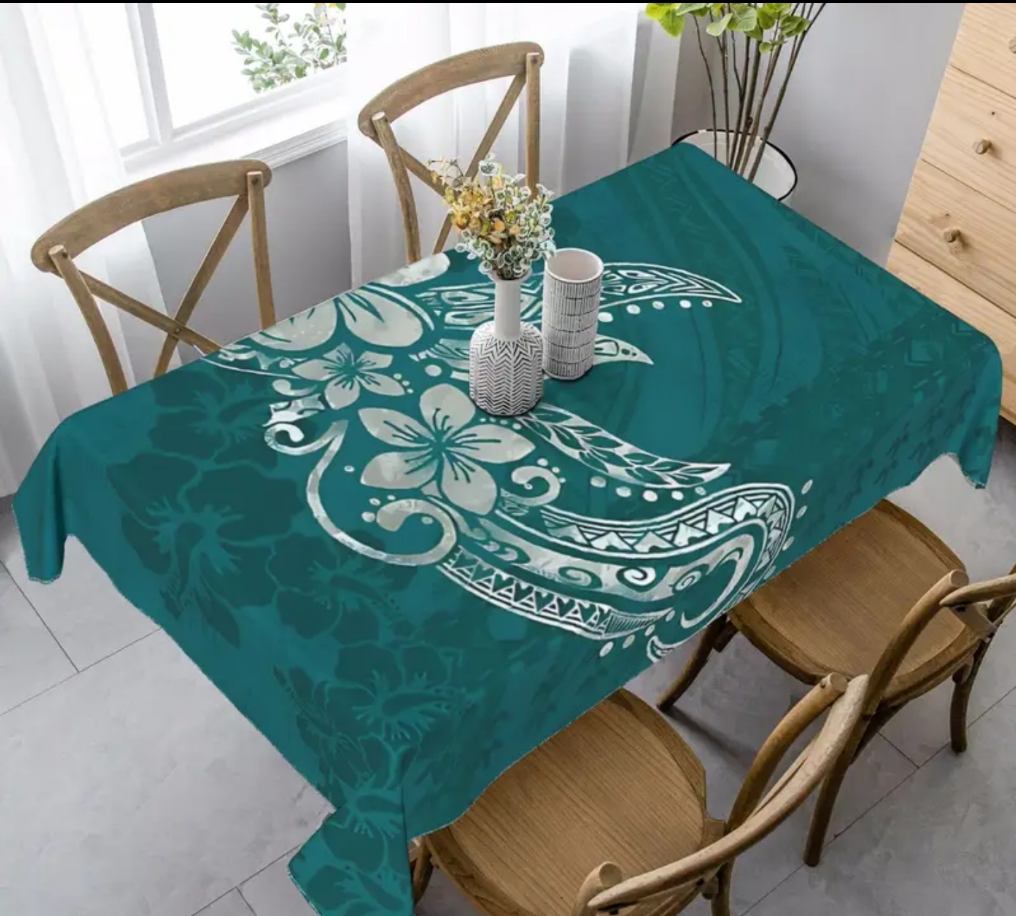 Teal Tribal Tablecloth with Plumerias