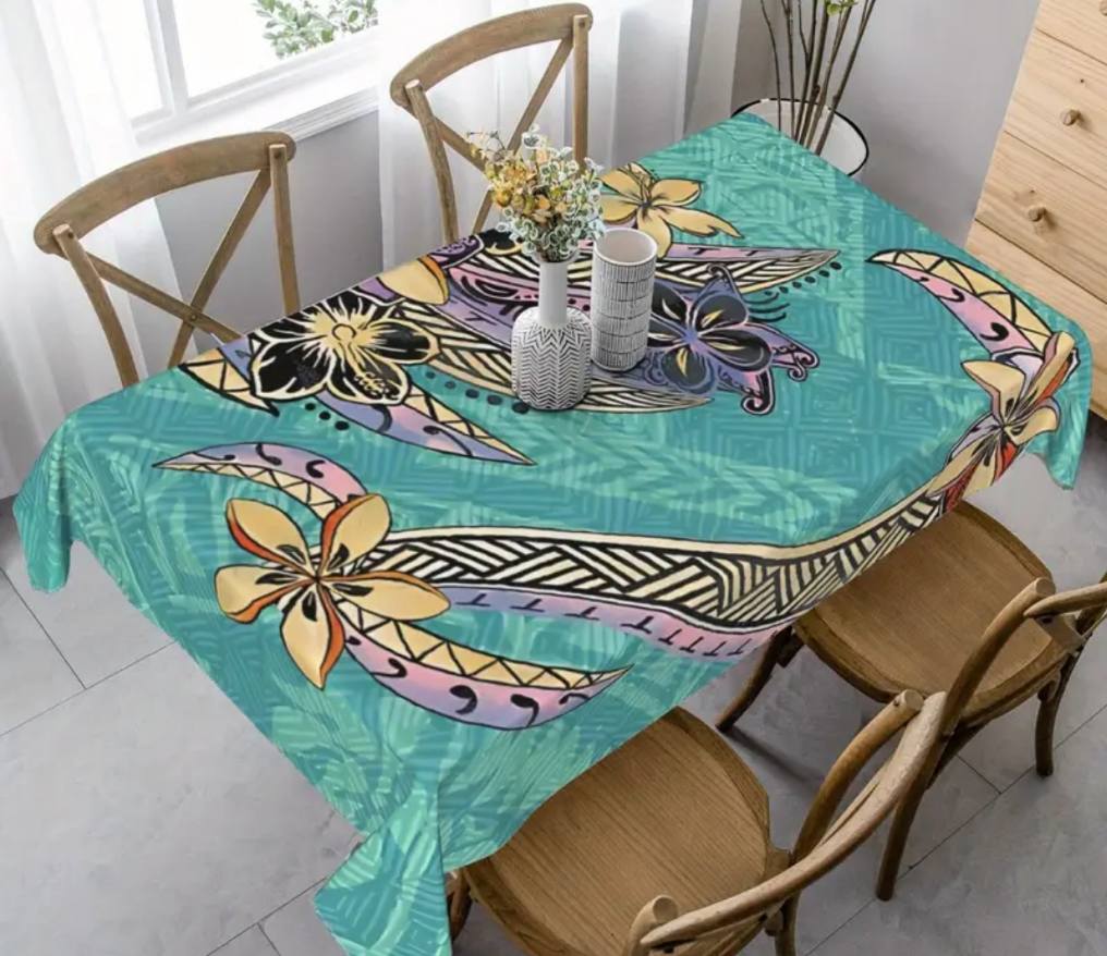 Elegant Teal and Yellow Tribal Tablecloth with plumerias