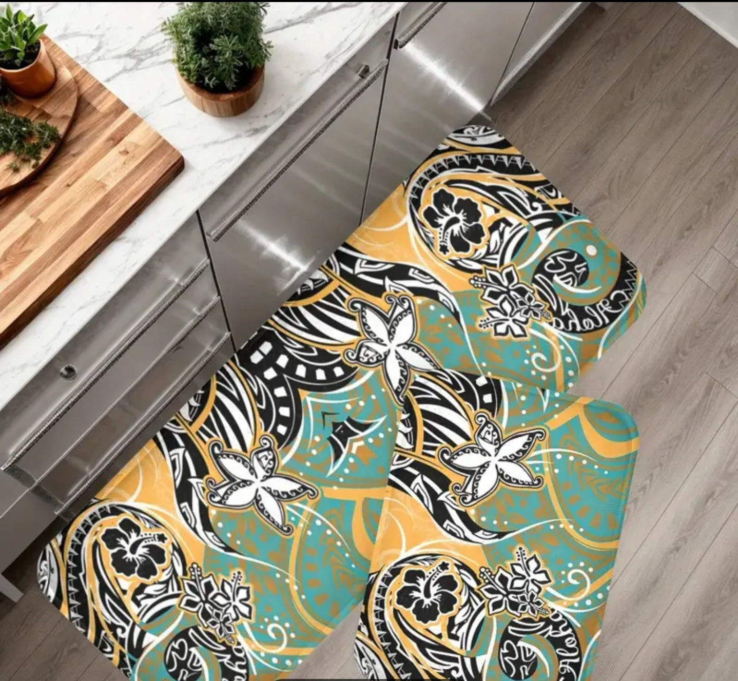 Elegant Yellow and Teal Tropical Mat Set with Plumeria Flowers