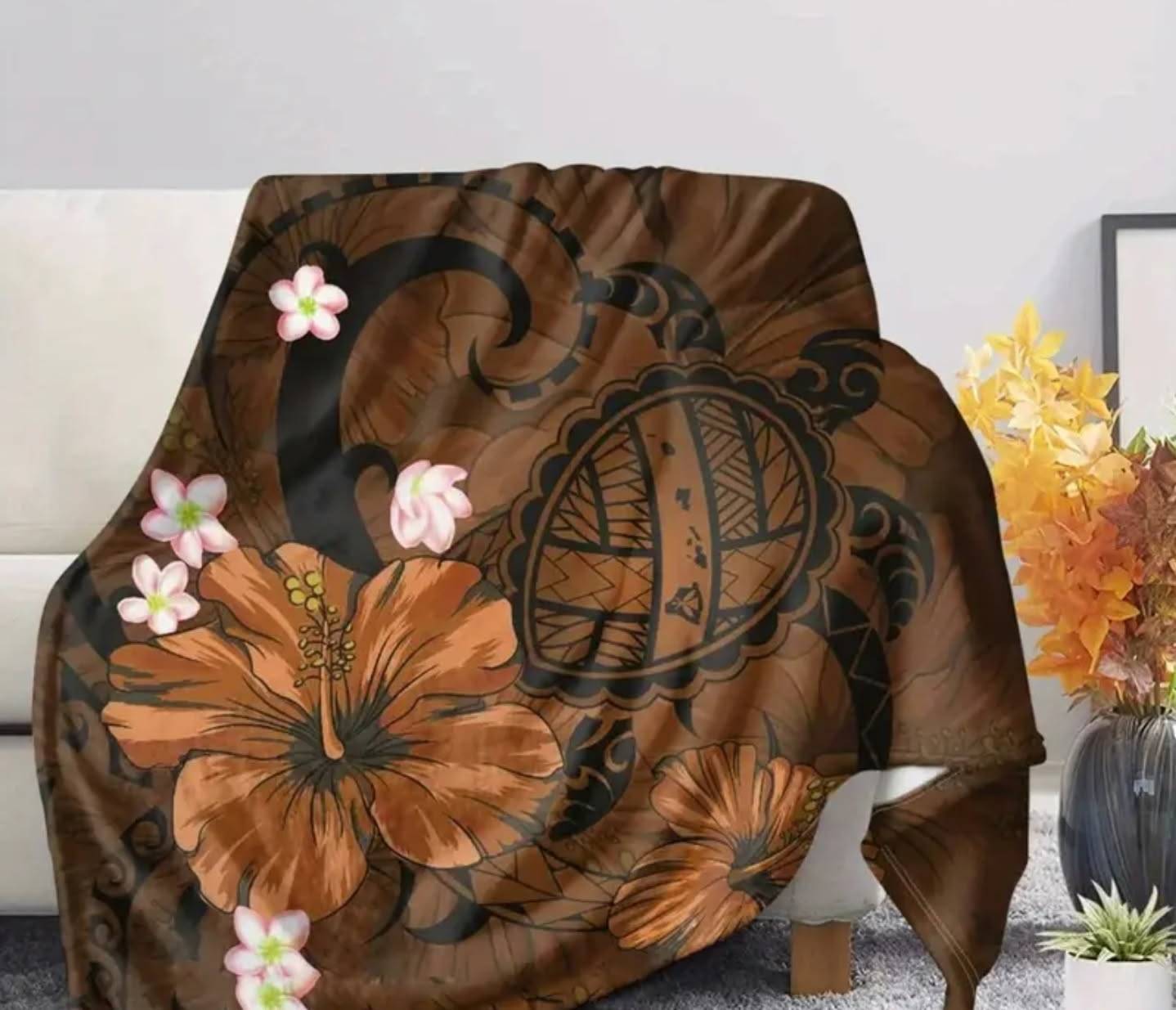 Brown Turtle and Hibiscus Flower Blanket