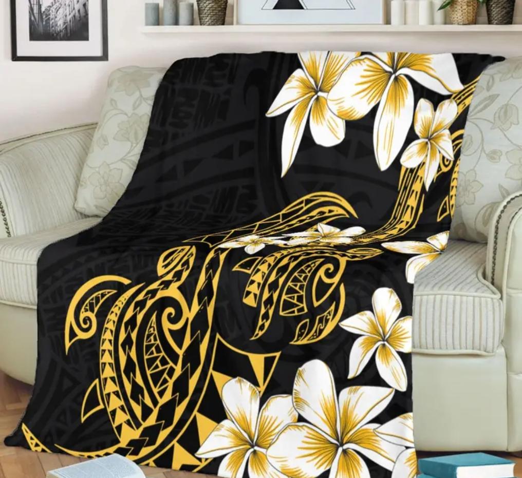 Black and Gold Blanket with Turtles and Plumeria Flowers