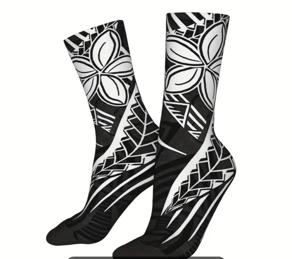 Black and White Tribal Design Socks with Tiare Flowers