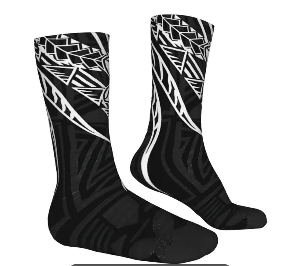 Black and White Tribal Design Socks with Tiare Flowers