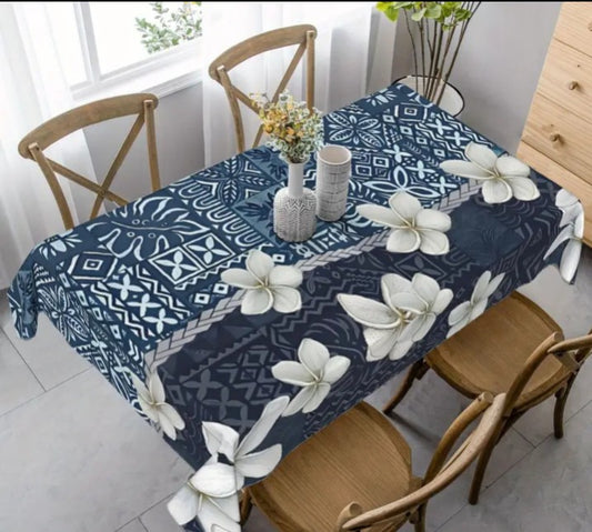 Blue Tropical Tablecloth with plumerias