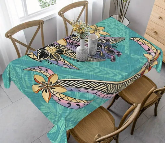 Elegant Teal and Yellow Tribal Tablecloth with plumerias