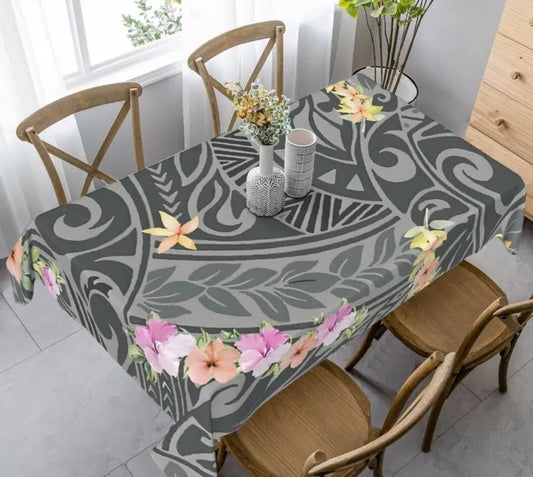 Grey Tribal Tablecloth with Flowers