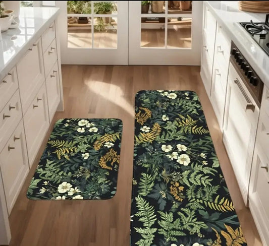 Black and Green Tropical Kitchen Mat Set