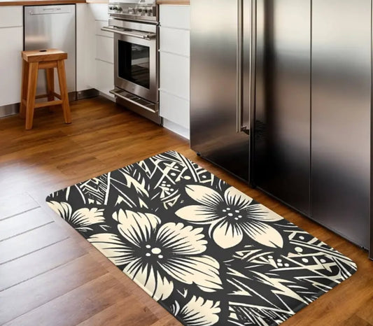 Tropical Black and White Kitchen Mat with Plumerias