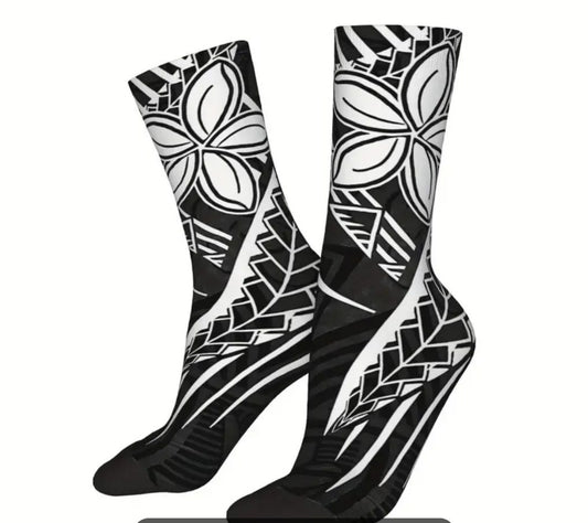 Black and White Tribal Design Socks with Tiare Flowers
