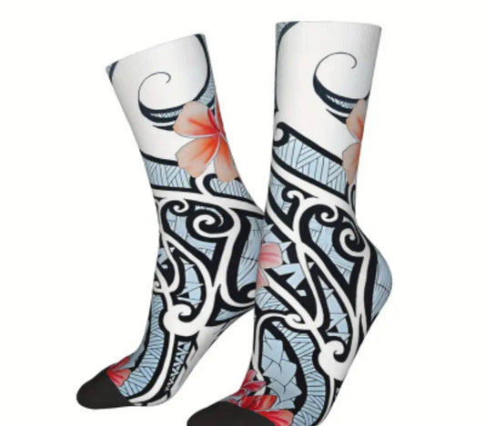 Tribal Socks with Pink Plumerias