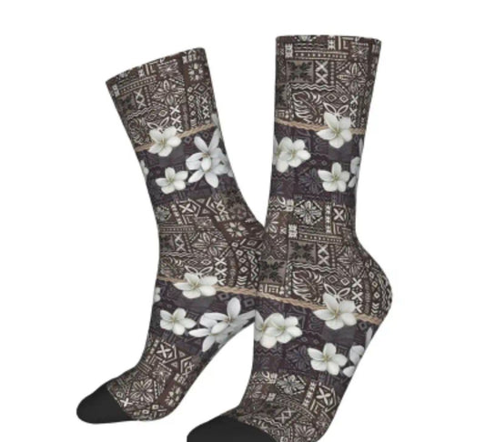 Brown Tropical Socks with Plumerias